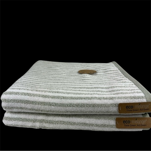 ECO Melange Bath Towel Set Green (Sage) White Striped Cotton Set of 2 NEW - Picture 3 of 8